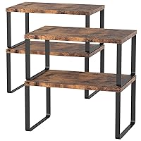 CADUKE Set of 4 Counter Shelves Kitchen Stackable Cabinet Shelf Wood Organizer Expandable Counter Top Racks Brown Bathroom Counter organizer