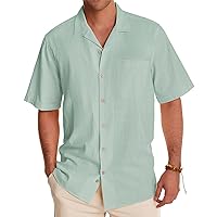 Alimens & Gentle Mens Linen Shirts Short Sleeve Button Down Shirts Cotton Summer Beach Cuban Shirts Vacation Hawaiian Shirts