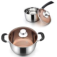 E-far 1 Quart Saucepan and 6 Quart Stock Pot, Stainless Steel Metal Soup Pot with Glass Lid for Cooking, Healthy & Rust Free, Heavy Duty & Dishwasher Safe