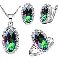 Big oval Shape Crystal Drop Pendant Necklace, Earrings and Rings Wedding Jewelry Set for Bridal Women Birthday Anniversary T482