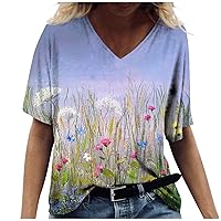 Women's 2023 Summer Fashion Casual Oversize Tee Printed V-Neck Short Sleeve Top Blouse Loose Comfortable T Shirt