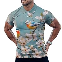 Birds Flowers Mens Polo Shirts Casual Short Sleeve T Shirt Regular Fit Golf Shirts Funny Printed