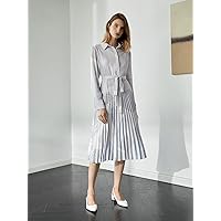 Fall Dresses for Women 2023 Pleated Belted Shirt Dress Dresses for Women (Color : Multicolor, Size : Medium)