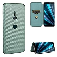 ZORSOME for Sony Xperia XZ3 Flip Case,Carbon Fiber PU + TPU Hybrid Case Shockproof Wallet Case Cover with Strap,Kickstand Green