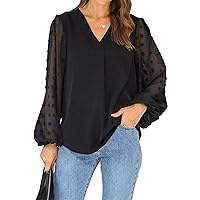 Blooming Jelly Womens Black Blouse V Neck Lantern Sleeve Chiffon Swiss Dot Business Casual Tops Shirts