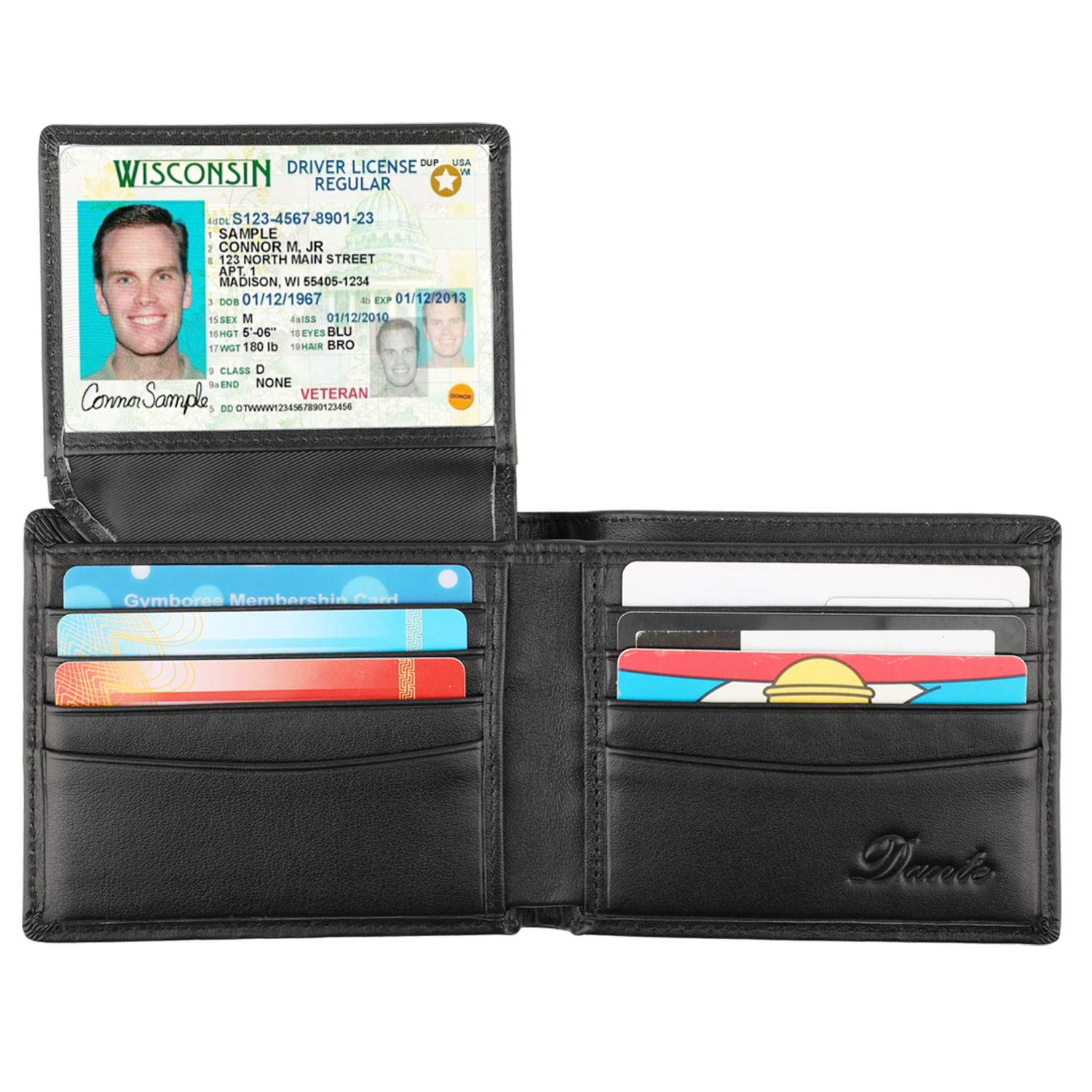RFID Blocking Cowhide Leather Bifold Wallet for Men with 2 ID Windows(2 ID Window Black)