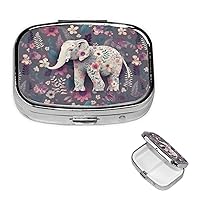 Pill Box 3 Compartment Square Small Pill Case Travel Pillbox for Purse Pocket Flower-Elephant Metal Medicine Organizer Portable Pill Container Holder to Hold Vitamins Fish Oil and Supplements