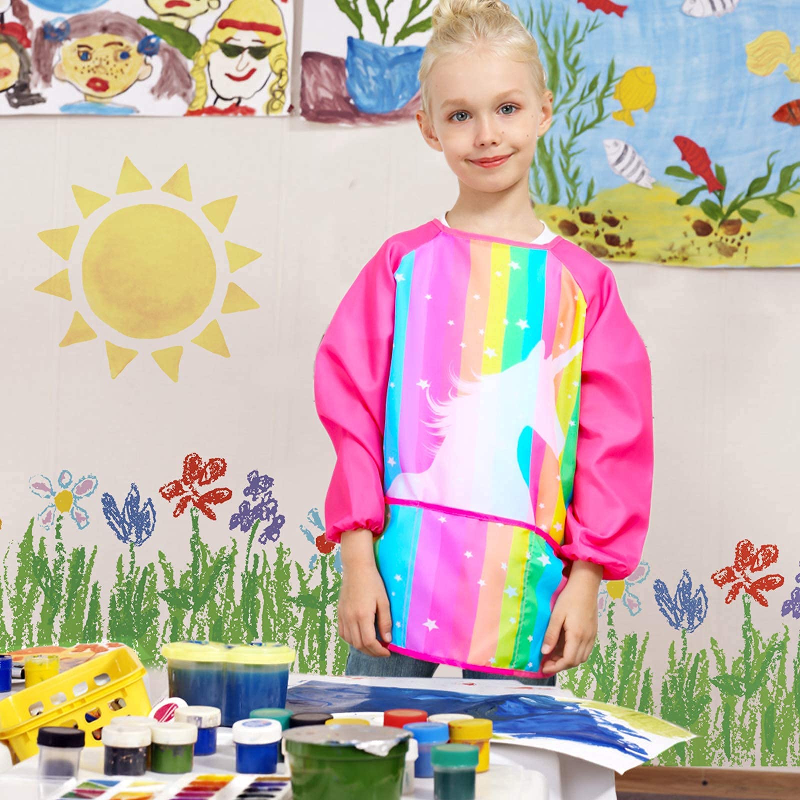 Fiodrimy Kids Art Smock Toddler Smock Waterproof Artist Painting Aprons Long Sleeve with 3 Pockets for Age 2-7 Years