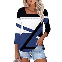 3/4 Sleeve T Shirts for Women Square Neck Geometry Printed Blouse Fashion Plus Sized Tunic Tops Going Out Tops Three Quarter Sleeve Tops Woman