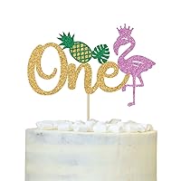 Flamingo One Cake Topper, Wild One, Glittery Hawaiian Luau Tropical Pineapple Theme Happy 1st Birthday Cake Decor, for Kids Boys Girls 1st Birthday Decorations