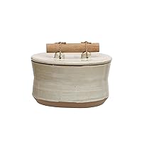 Bloomingville 6.75 Round Stoneware Lid and Pine Wood and Jute Handle in Reactive Glaze, Beige Canister