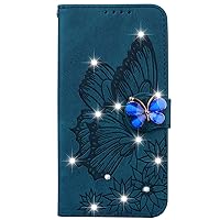 Wallet Case Compatible with Xiaomi Mi 10T 5G, Bling Diamond Retro Butterfly PU Leather Cover for Mi 10T Pro 5G (Blue)