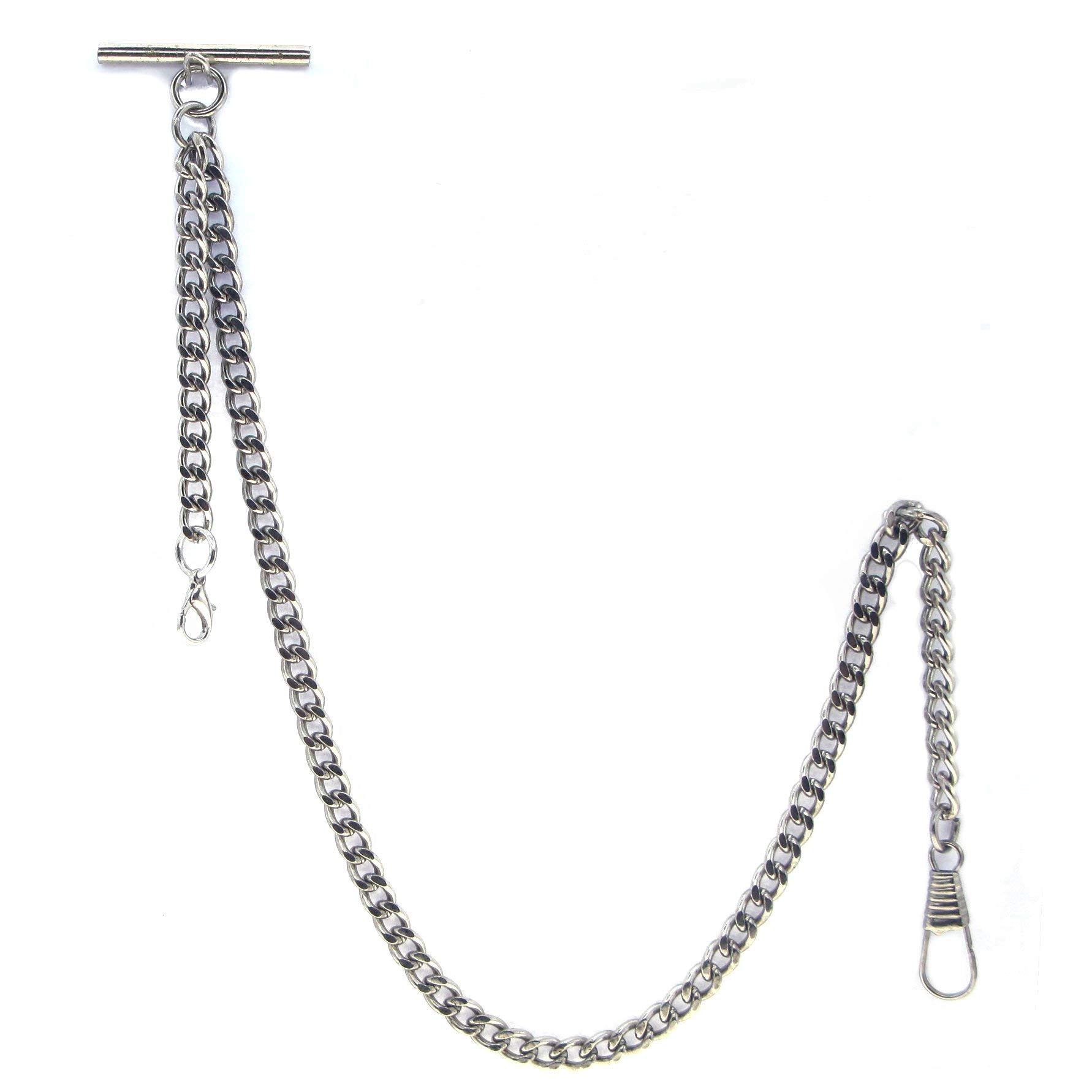 Albert Chain Silver Color Pocket Watch Chains for Men with T Bar and Lobster Clasp AC34