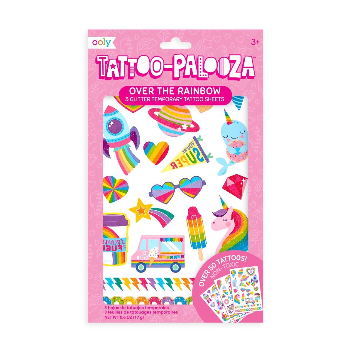 OOLY, Tattoo Palooza Skin-Friendly and Non-Toxic Temporary Tattoo for Kids - Over The Rainbow, 3 Sheets