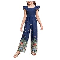 WDIRARA Girl's Floral Tropical Shirred Squared Neck Cap Sleeve High Waist Jumpsuit Pants Summer Outfits