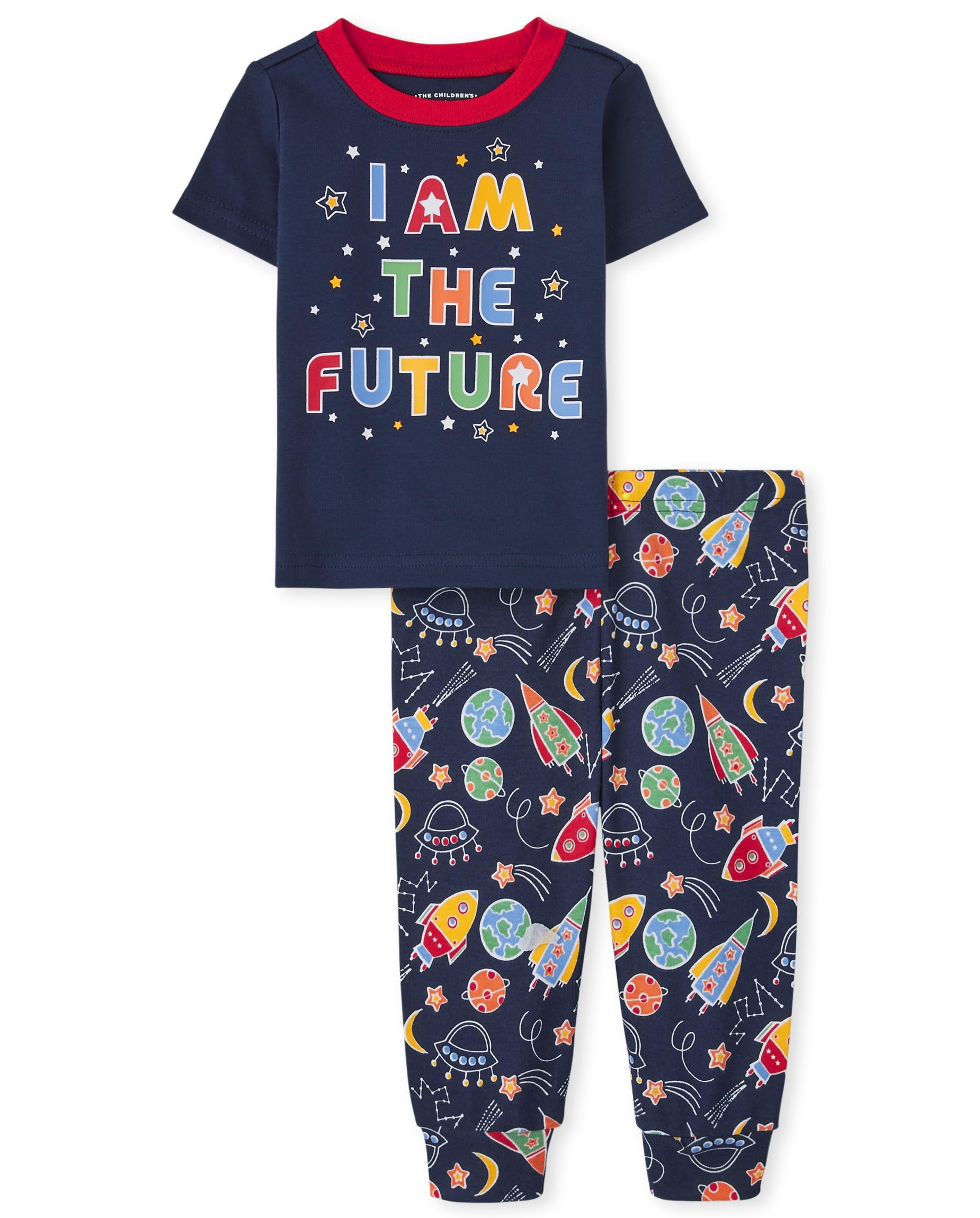 The Children's Place unisex baby The Children's Place Toddler Short Sleeve Top and Pants Snug Fit 100% Cotton 2 Piece Pajama Set, Glow-i Am the Future, 2T US