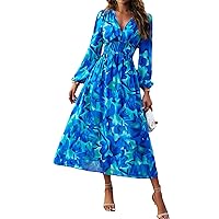 Women's Long Sleeve Boho Floral Maxi Dress V Neck Casual Long Dress, Spring Summer Dresses for Women 2024