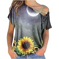 Women Cute Sunflower Print Tops Cutout Cross Off Shoulder Short Sleeve Tops Summer Trendy Casual Elegant Blouses