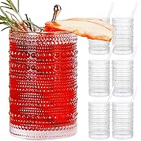 Vintage Drinking Glasses, 15 oz Hobnail Drinking Glasses Set of 6, Includes 8 Glass Straws, Ribbed Glassware, Hobnail Glassware, Whiskey Glasses, Cocktail Glasses, Romantic Highball Glasses