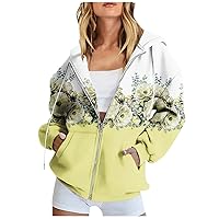 Fall Fashion Sweatshirt Women's Long Sleeve Floral Print Hooded Sweatshirt Casual Pocket Drawstring Zipper Baggy Hoodies