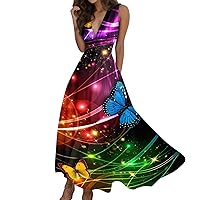 Spring Summer Dresses for Women 2024 Elegant Wrap V Neck Sleeveless Maxi Sundress,Trendy Print Flowy Beach Boho Dress