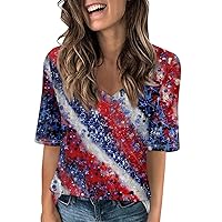 July 4Th Shirts for Women 2024 Basic Stars and Stripes American Flag Printed V Neck Short Sleeve T-Shirt