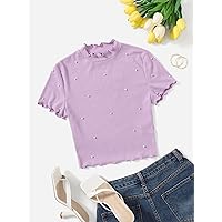 Women's Tops Women's Shirts Sexy Tops for Women Lettuce Trim Pearl Beading Crop Tee (Color : Lilac Purple, Size : Large)