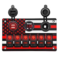 Aluminum Rocker Switch Panel with American Flag Pattern with 6 Gang ON/Off Toggle Switch and 5V/4.8A Dual USB and Cigarette Lighter Power Socket and Digital Voltmeter (Red Light)