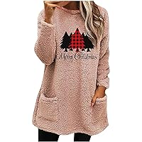 Fleece Sherpa Pullover for Women Christmas Tree Casual Crewneck Tunic Tops Winter Fluffy Sweatshirts with Pockets