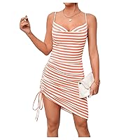 WDIRARA Women's Striped Cowl Neck Spaghetti Strap Ruched Drawstring Knee Length Cami Dress