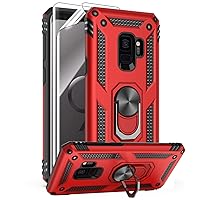Androgate for Samsung Galaxy S9 Case with HD Screen Protectors, Military-Grade Metal Ring Holder Kickstand 15ft Drop Tested Shockproof Cover Case for Samsung Galaxy S9 (2018), Red