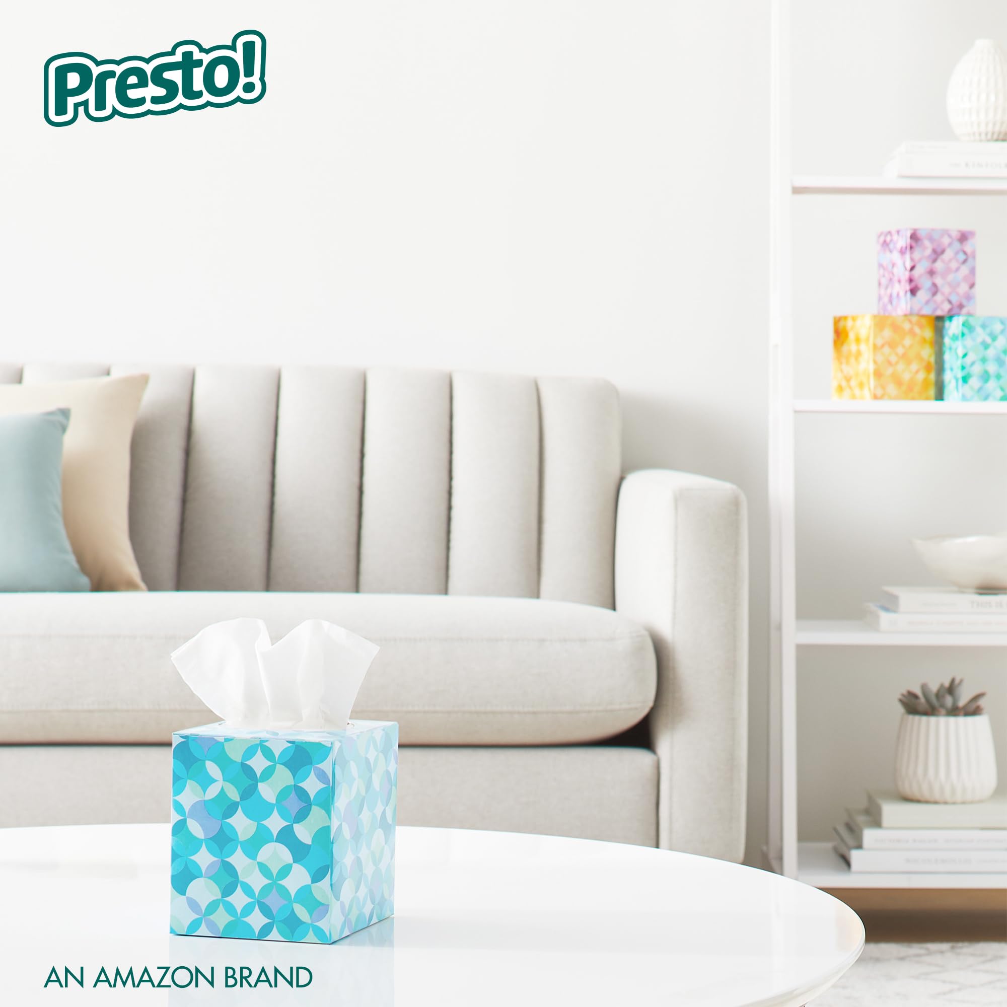 Amazon Brand - Presto! Ultra-Soft 3-Ply Premium Facial Tissues, 66 Tissues per Box, 4 Cube Boxes (264 total)