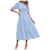 Elegant Dresses for Women Solid Color Floral Texture Pretty Slim Fit with Puff Sleeve Scoop Neck Tunic Dress