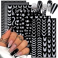 8 Sheets White Glitter French Line 3D Nail Stickers Holographic Swirl Stripes French Tips V-Shaped Butterfly Star Heart Sparkly Broken Diamond Shiny Design Adhesive Sliders Decals Manicure Accessories