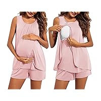 Ekouaer Women Maternity Nursing Pajama Set Breastfeeding Sleepwear Double Layer Sleeveless Top & Shorts Pregnancy PJS
