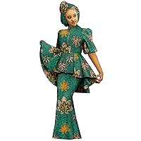 2022 African Dresses for Women, Draped Puff Sleeve Jacket, Print Ruffles, Customizable Mermaid Dress with Turban Headwrap