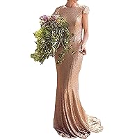 Gold Sequin Open Back Short Sleeve Floor Length Bridesmaid Dress