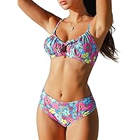 CUPSHE Women's Bikini Set Two Piece Bathing Suits Scoop Neck Crisscross Back Self Tie Mid Waisted Bottom Floral Cut Out