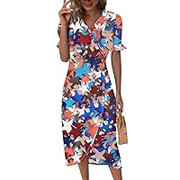 Fourth of July Dresses for Women Casual Wrap V Neck Short Sleeve Flowy Ruched Button Elegant Comfy Tunic Party Dress