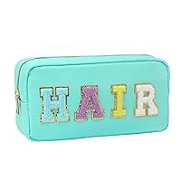 DYSHAYEN Nylon Cosmetic Bag Small Travel Makeup Pouch Bag for Women Girls with Chenille Letter Patches (Mint-HAIR)