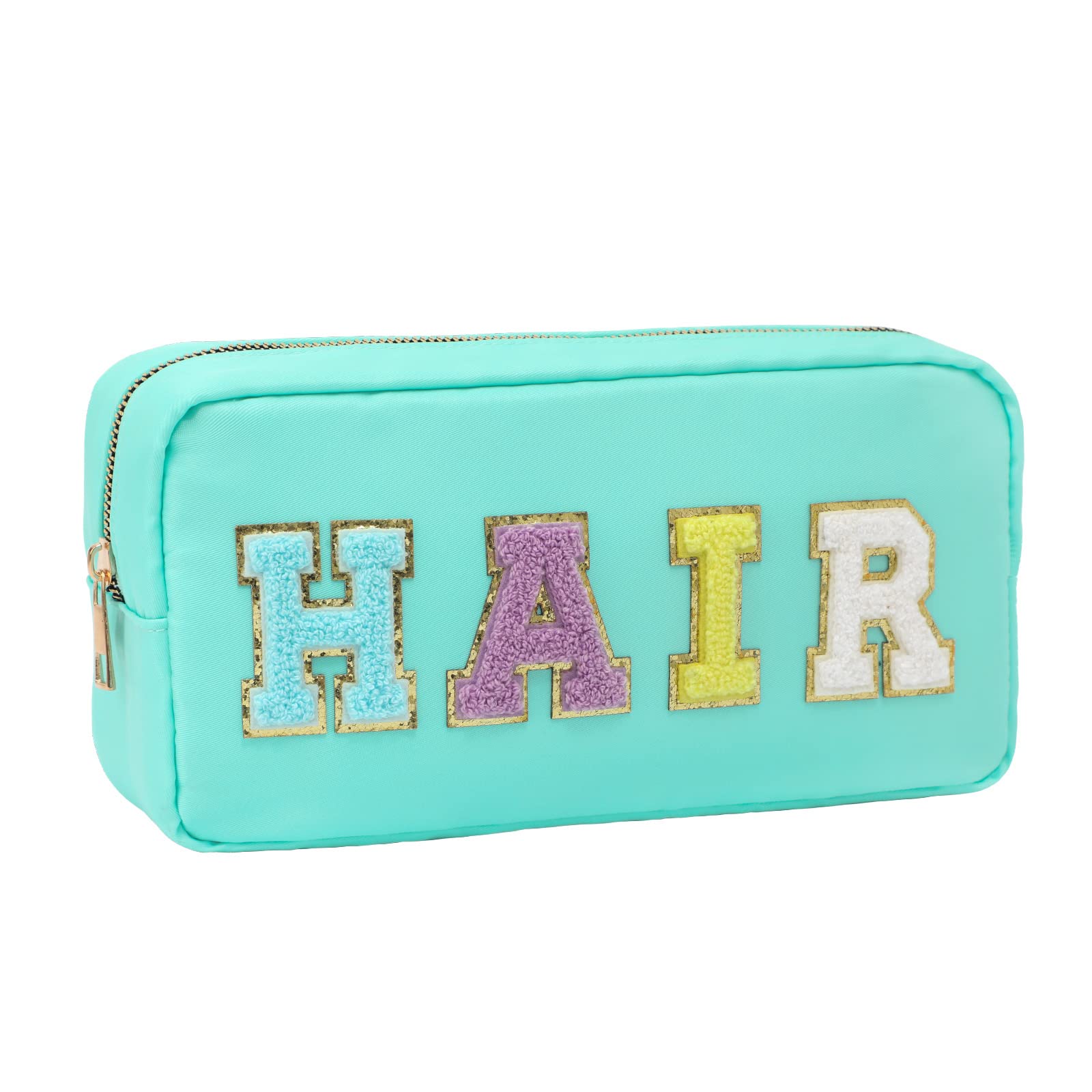 DYSHAYEN Nylon Cosmetic Bag Preppy Hair Makeup Bag for Women Girls Travel Toiletry Organizer with Chenille Letter Patches (Mint-HAIR)