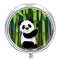Round Pill Box Panda and Bamboo Portable Pill Case Medicine Organizer Vitamin Holder Container with 3 Compartments