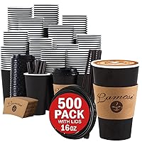 Lamosi 16OZ 500 Pack Coffee Cups, 16 Ounce To Go Cups with Lids, Stir Sticks and Sleeves, Disposable Coffee Cups, 16 Ounce Black Hot Paper Cups for Home, Travel, Office