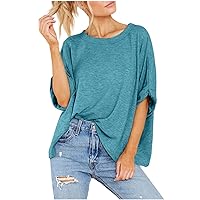 Women's Short Sleeve Blouse Dressy Solid Color Loose Top Summer Round Neck Casual T-Shirt V Neck Tee Shirts, S-3XL