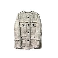 Fall Winter Tweed Jacket Women O Neck Long Sleeve Single Breasted Coats Multi Pockets Clothes Women Tops