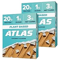 Atlas Protein Bar, 20g Plant Protein, 1g Sugar, Clean Ingredients, Gluten Free Coconut Almond, 12 Count (Pack of 2))