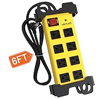 8 Outlet Heavy Duty Power Strip,Wide Spacing,Workshop Surge Protector 2700J with 6FT Extension Cord,Industrial Metal Power Strip 15Amp,Yellow Wall Mount Power for Garage,Office