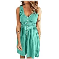 Womens Button Down Dress 2024 Summer Solid Color Ruched Casual Sundresses Sleeveless Knee Length Tunic Dresses