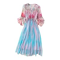 Women Dress Silk Floral Printed V Neck Long Sleeve Ruffles Drawstring Waist Midi Pink A Line Skirt 2783