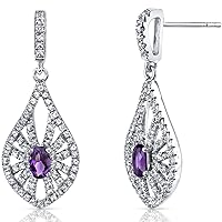Peora Solid 14K White Gold Amethyst and White Topaz Chandelier Earrings for Women, Genuine Gemstone, 2 Carats total, Oval Shape 5x3mm, Friction Backs